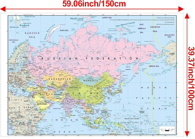 Große Asien Karte ohne Nationalflaggen in englischer Version als Bildungskarte für Heim und Büro, B: 150 cm, H: 100 cm - Bild 1