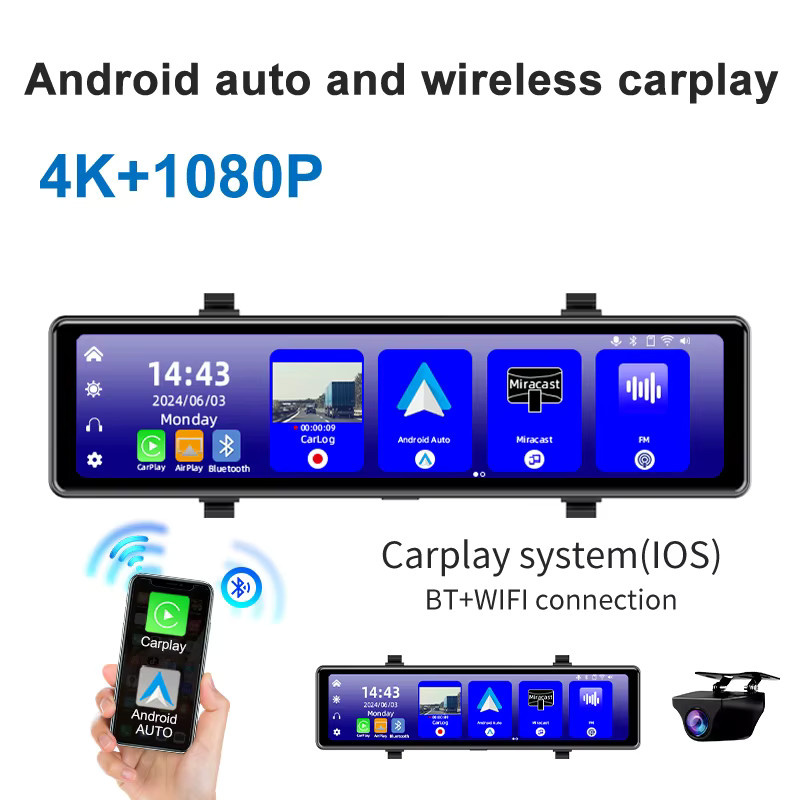 Acceo 4K Dashcam Rückspiegel mit Android Auto und Wireless CarPlay, Schwarz, inklusive WLAN und 1080P Rückfahrkamera - Bild 2