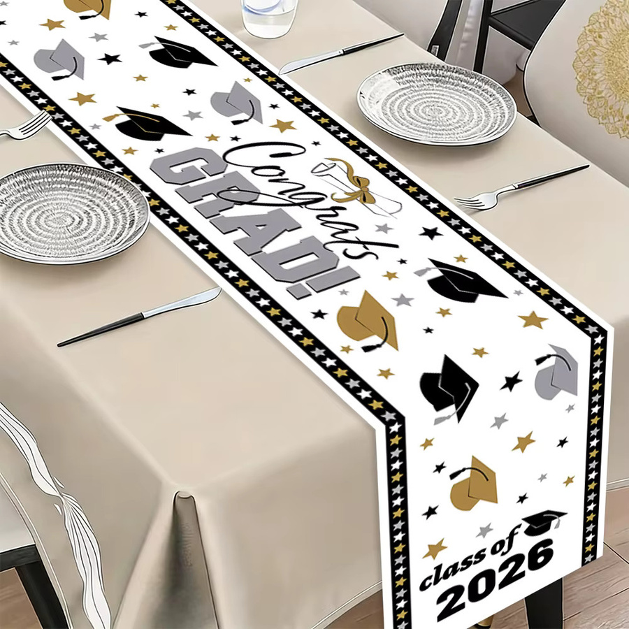 AFYPRTY Tischläufer mit Abschlussfeier-Motiv aus Polyester, Schwarz-Gold-Silber mit Sternenmuster, Breite: 35 cm, Länge: 180 cm - Bild 6