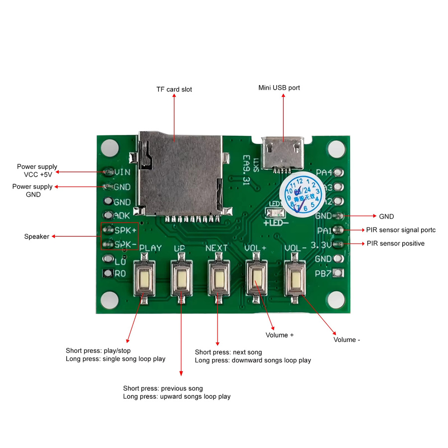 DIYmalls PIR-Infrarotsensor mit Tonaufnahmemodul und MP3-Sprachwiedergabe-Kit inklusive USB-Kabel und TF-Karte für DIY-Projekte - Bild 2