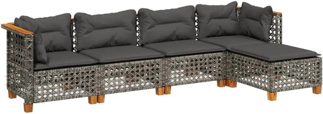 vidaXL 5-tlg Garten-Sofagarnitur in L-Form aus Polyrattan und Akazienholz in Grau mit Kissen und Fußhocker - Bild 1