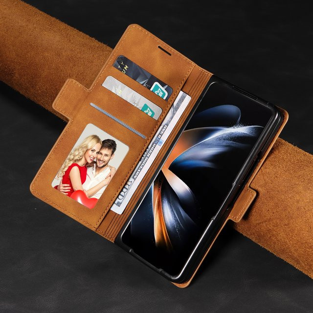 Luxuriöse Retro-Ledertasche als Brieftasche und Karten-Business-Handyhülle für Samsung Galaxy Z Fold 7, 6, 5, 4 und 3 in Rot oder Braun - Bild 1