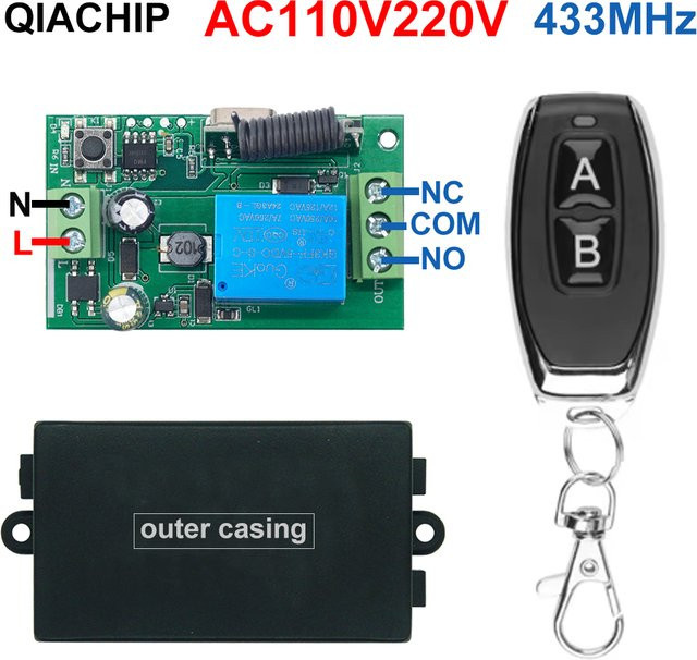 QIACHIP 433 MHz Trockenkontaktschalter Fernbedienung mit 10A 1CH Relaismodul Empfänger und Sender für Licht und Motor, AC110V 220V - Bild 1