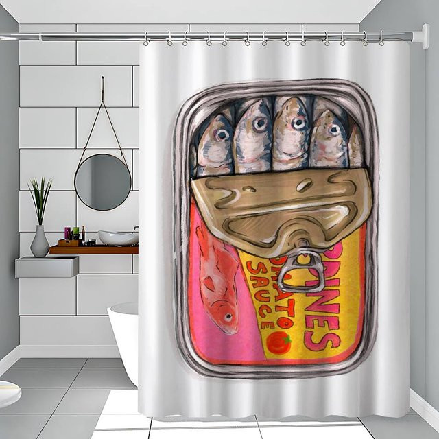 Duschvorhang Supermarket GO mit Retro Fisch-Motiv in Blau, Rot und Weiß, B: 150 cm, H: 180 cm - Bild 1