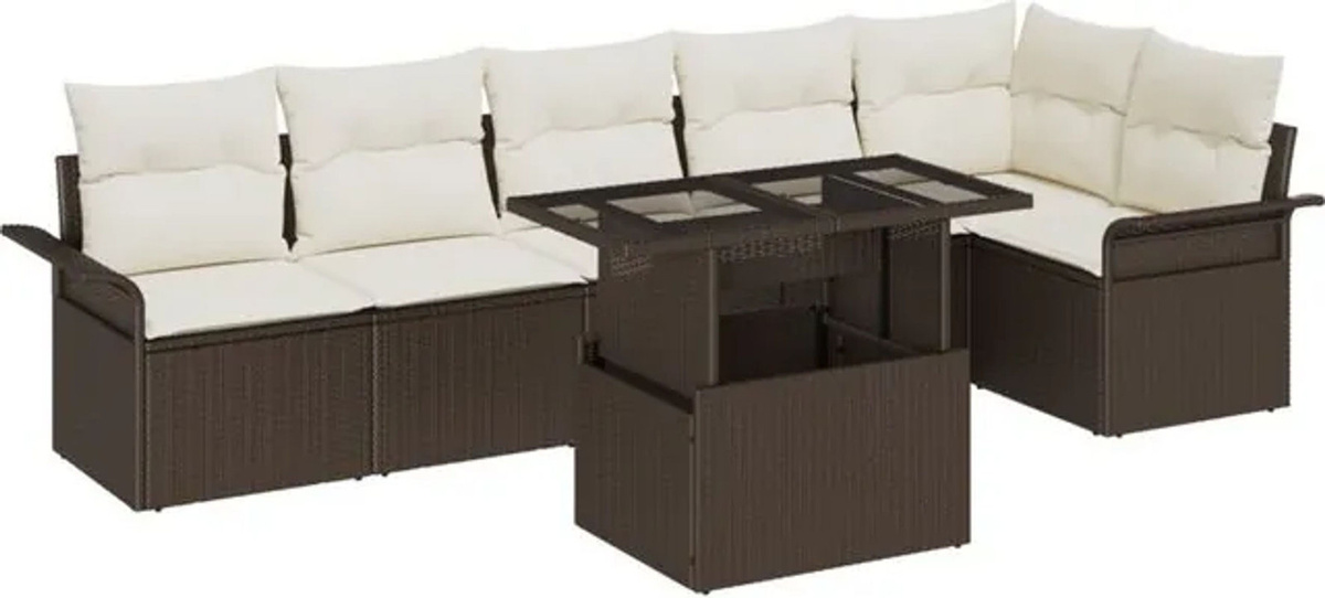 Vidaxl Garten-Sofa-Set aus Poly-Rattan mit Kissen und Stauraum in Braun, 7-teilig - Bild 1