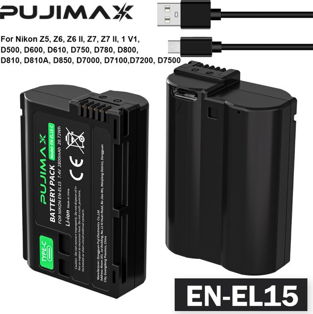 PUJIMAX EN-EL15C Akku mit USB-C Anschluss, 2800mAh, Schwarz, für Nikon Z5, Z6, Z6 II, Z7, Z7II, D7000, D7100, D7200, D850, D750, D7500, D810 - Bild 1