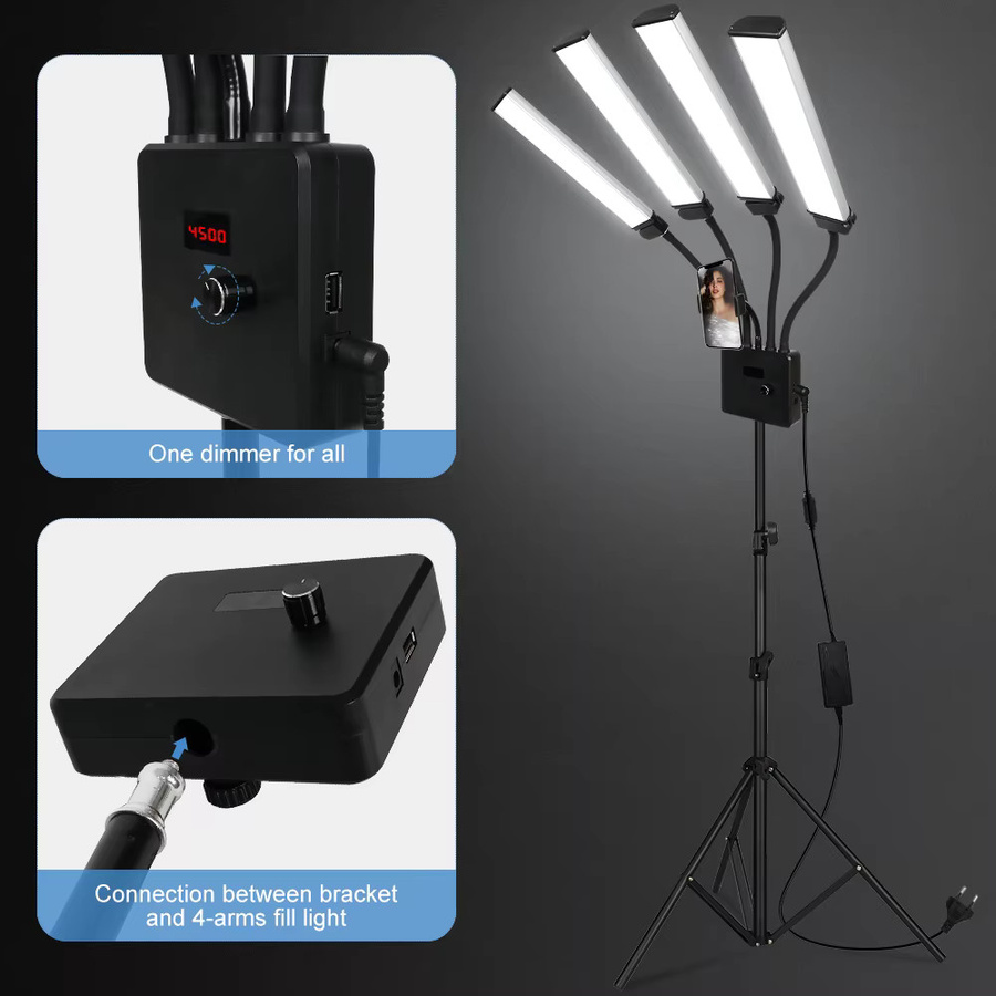 Dimmbare LED-Videoleuchte mit 80 W und vierarmigem Design, inkl. verstellbarem Stativ, Farbtemperatur 3000–6500 K, ideal für Make-up, Maniküre, Tattoo und Live-Streaming, Farbe: Weiß/Schwarz - Bild 2