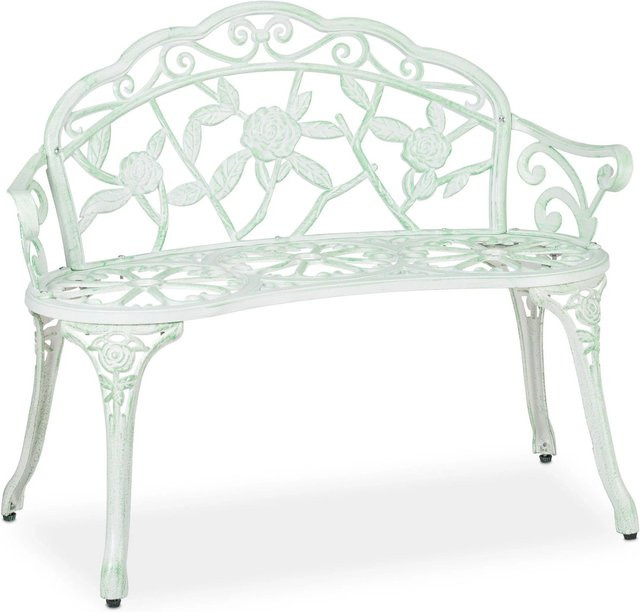 Relaxdays Gartenbank im antiken Design aus Aluminiumguss und Kunststoff, Weiß-Grün, B/T/H: 78 x 98 x 55,5 cm - Bild 1