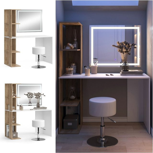 Vicco Schminktisch Tower Weiß mit LED-Spiegel und Hocker, B/T/H: 122,0 x 55,0 x 75,8 cm - Bild 1