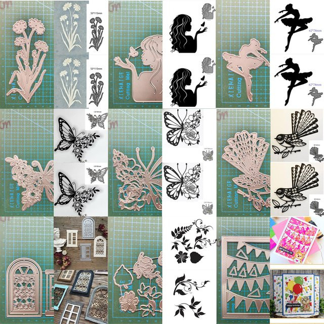 Metall Schablonen Set für Scrapbooking und DIY Bastelarbeiten mit Schmetterling, Vogel und Blumen in Silber - Bild 1
