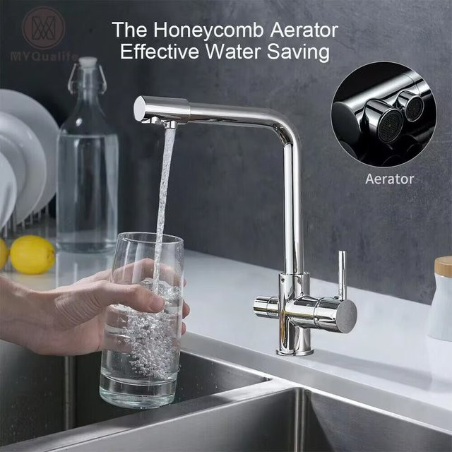 MYQualife Küchenarmatur aus Messing mit 3-Wege-Filter als Zweigriffmischer für heißes und kaltes Trinkwasser in gebürstetem Nickel - Bild 1