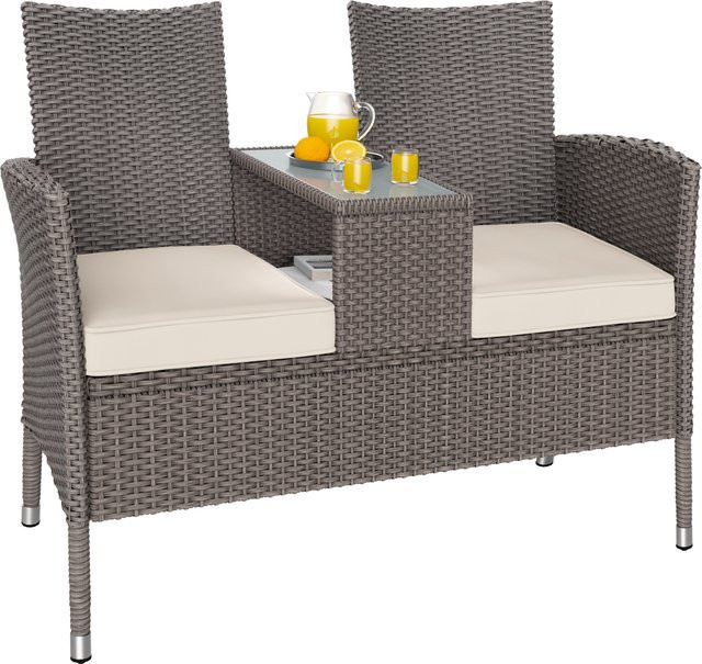 CASARIA 2-Sitzer Gartenbank aus Polyrattan mit integriertem Tisch und Glasplatte in Beige - Bild 1