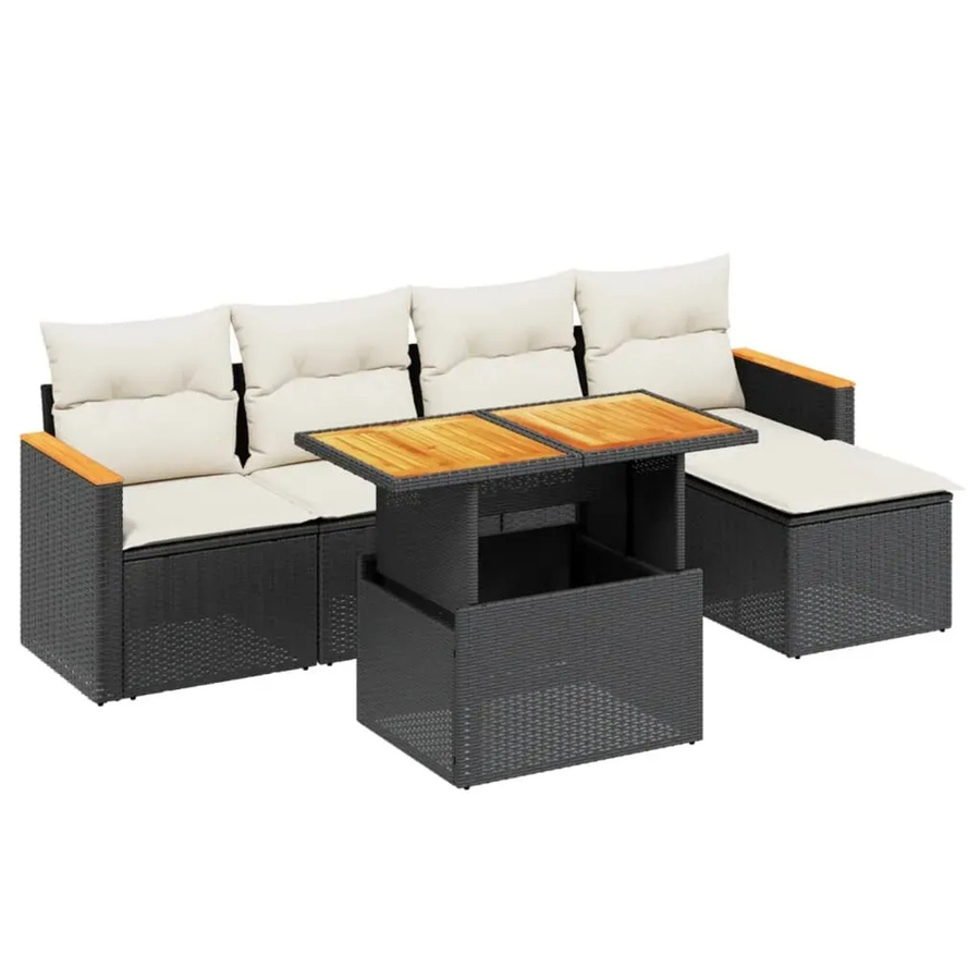 vidaXL 6-teilige Garten-Sofagarnitur aus Poly-Rattan und Akazienholz in Schwarz mit UV-beständigen Kissen - Bild 2