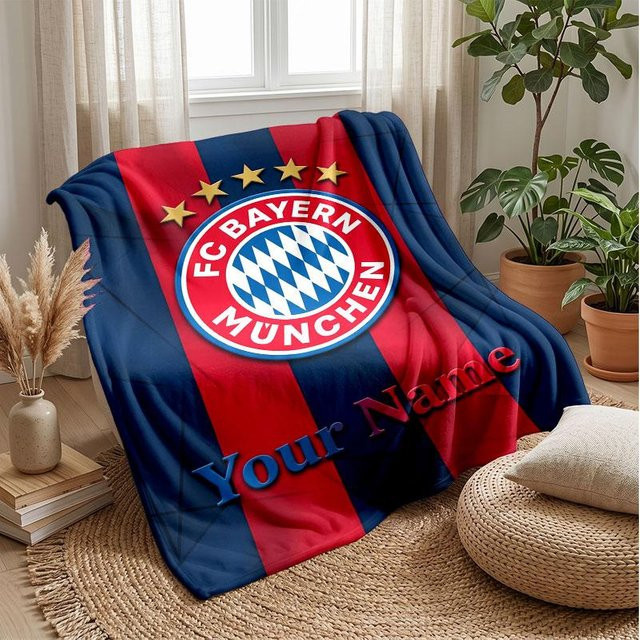 Personalisierte FC Bayern München Flanelldecke mit individuellem Namen und Logo, rote Fleece-Kuscheldecke für Sofa und Schlafzimmer, B/B: 80 x 120 cm - Bild 1