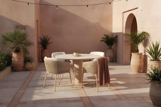 Hartman Shades of Colour Girona/Taragona Garten-Essgruppe in Cappuccino/Beige mit Tisch Ø 120 cm und 4 Stapelsesseln aus Aluminium, Keramik und Rope-Geflecht - Bild 1