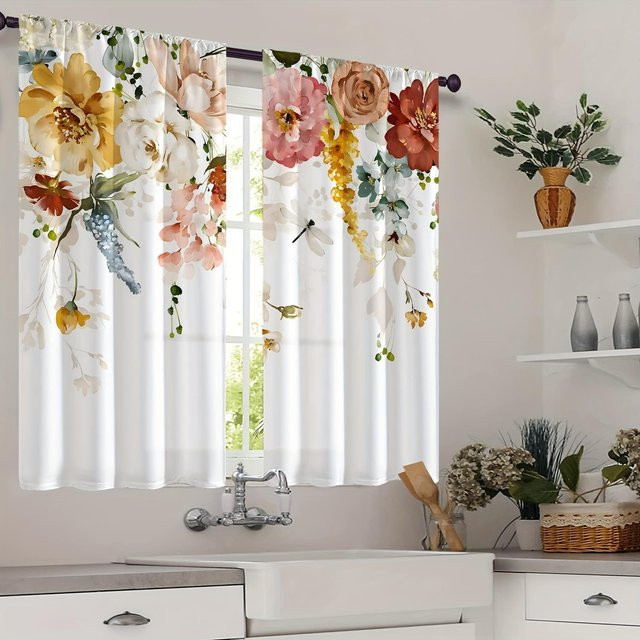 Yiran Furniture 2-teiliges Schlafzimmervorhang-Set mit floralem Frühlingsblumen-Muster in Multicolour, semi-transparent, Polyester, Breite: 70 cm, Höhe: 185 cm - Bild 1