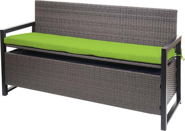 MCW Poly-Rattan 3er Sitzbank F39 als Gartenbank und Truhenbank mit Staufach, grau-meliert, inklusive grüner Kissen - Bild 1