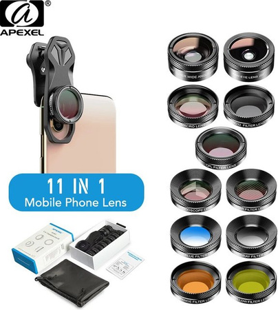 Apexel 11 in 1 Smartphone Kamera Objektiv Kit mit Fisheye, Weitwinkel, Color Grad, CPL und Stern Filter in Schwarz und Multicolour für iPhone und Xiaomi