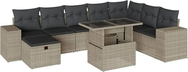 vidaXL 9-tlg. Garten-Sofagarnitur in L-Form aus Poly-Rattan mit Kissen und Couchtisch, Hellgrau - Bild 1