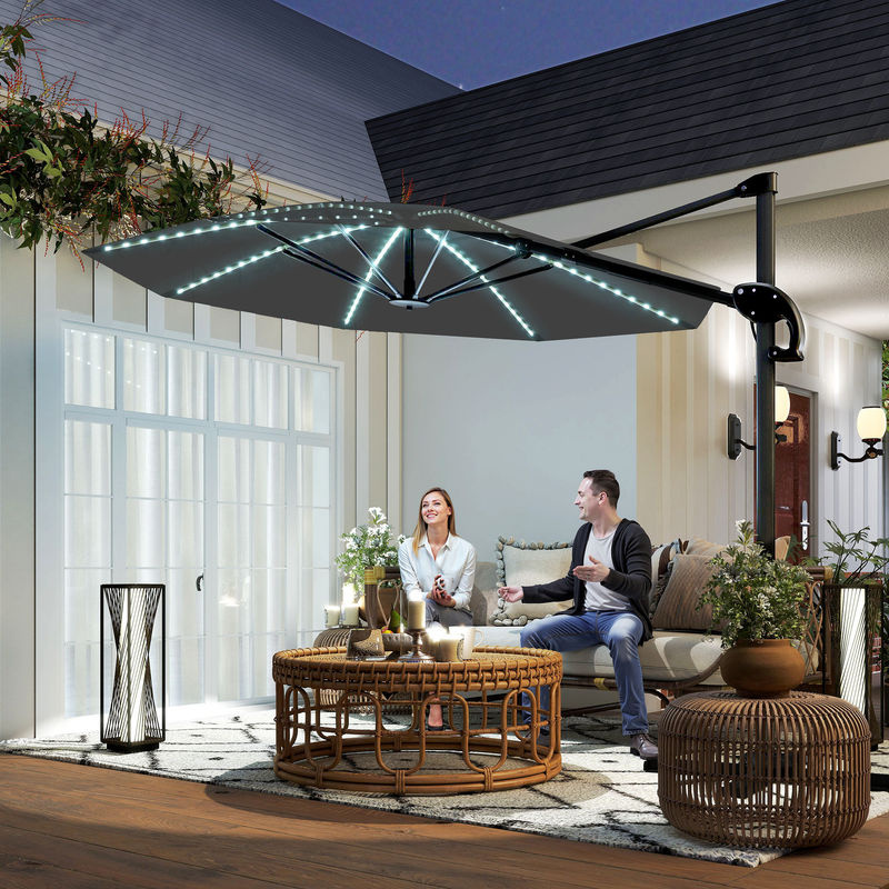 Outsunny Ampelschirm mit LED Solar und Kurbel, Aluminium und Fiberglas, Dunkelgrau, Durchmesser: 300 cm, B/H/L: 294 x 250 x 360 cm - Bild 2