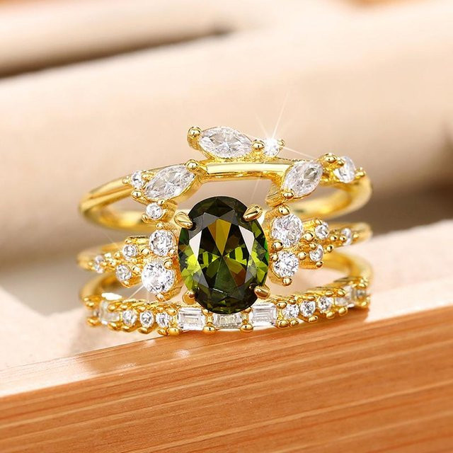 Huitan Ringe Set, oval, olivenfarben, CZ, Damen - Bild 1