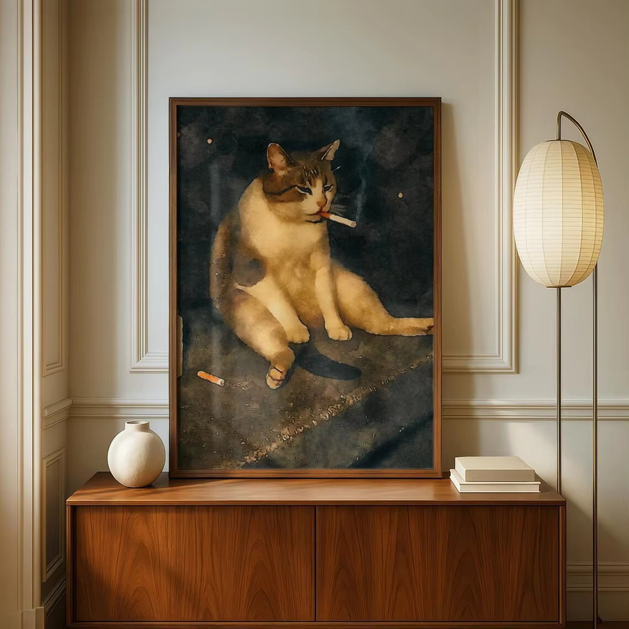Vintage Wandkunst mit rauchender Katze von SHENCHEN als mehrfarbiger digitaler Druck im rechteckigen Format - Bild 3