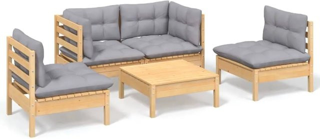 vidaXL 5-tlg Garten-Lounge-Set aus massivem Kiefernholz in Braun-Grau mit grauen Polstern und Rückenkissen - Bild 1