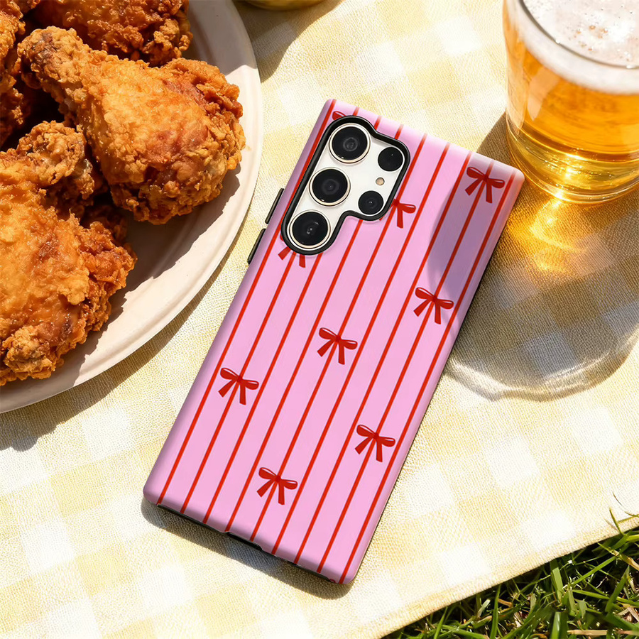 Glänzende Doppelschichtige Handyhülle mit Rosa und Rotem Schleifenmuster für Samsung Galaxy S25 Ultra, S24 und S23 Ultra Plus - Bild 4