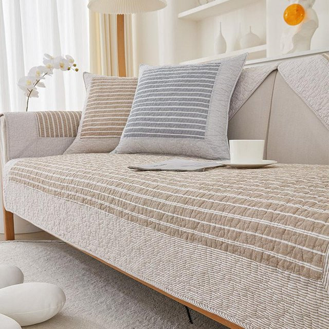 Rutschfester Sofabezug aus Baumwolle mit Streifenmuster in Beige, Korea Retro Couch-Schonbezug für das Wohnzimmer, Breite: 70 cm, Tiefe: 70 cm - Bild 1