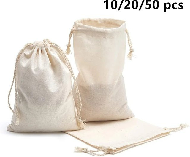 Staubdichte Baumwoll-Aufbewahrungsbeutel mit Kordelzug in Beige für Geschenke, Hochzeiten und Partys, 50 Stück - Bild 1