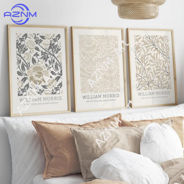 3-teiliges Set AZNM Leinwand-Wandkunst mit botanischen William Morris Blumenmotiven in Beige, moderne abstrakte Drucke für deine Heim-Dekoration - Bild 1