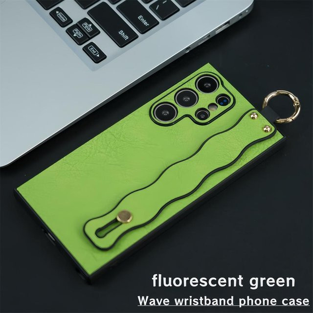 Lederhülle mit Armbandhalter und Ständer für Samsung Galaxy S24 Ultra S23 S22 S21 Plus in Grün mit Wellenabdeckung - Bild 1