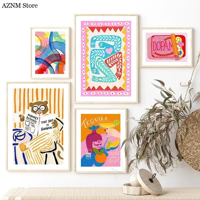 Potdemiel Wandkunst Leinwandbild mit abstraktem Bären und Regenbogen-Landschaft in Bunt - Bild 1
