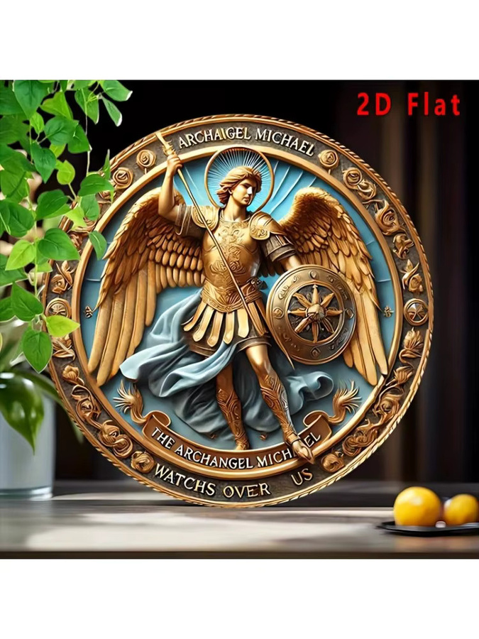 Potdemiel Erzengel Michael Vintage Metall-Wandkunst rundes Blechschild in Gold und Blau, Durchmesser: 20,3 cm - Bild 6