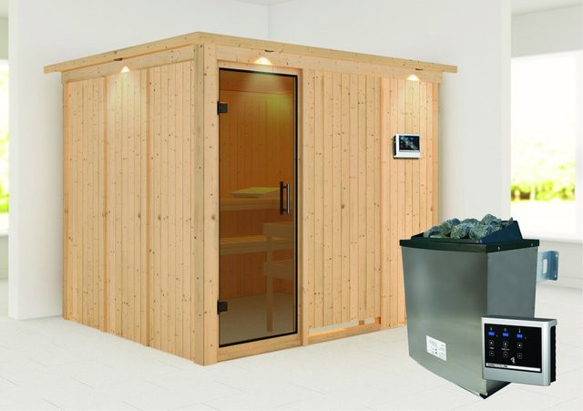 Karibu Sauna Gunda mit Ofen, externem Steuergerät, LED-Dachkranz und Ganzglastür in Graph Natur - Bild 1
