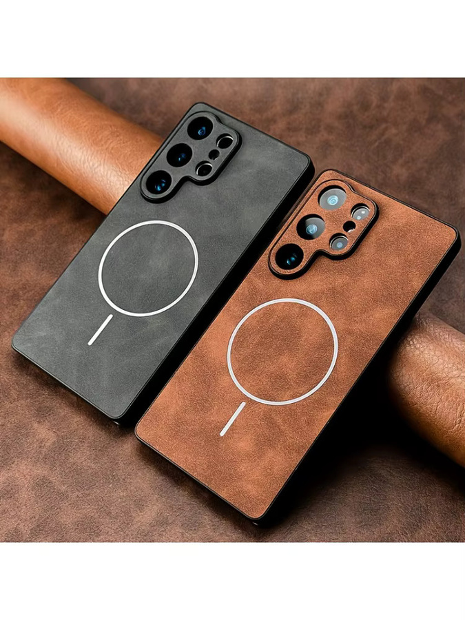 Luxuriöse magnetische Leder-Handyhülle für Samsung Galaxy S26 Ultra S25 S24 Plus S23 S22 S21 FE mit MagSafe und Linsenschutz in Schwarz - Bild 2