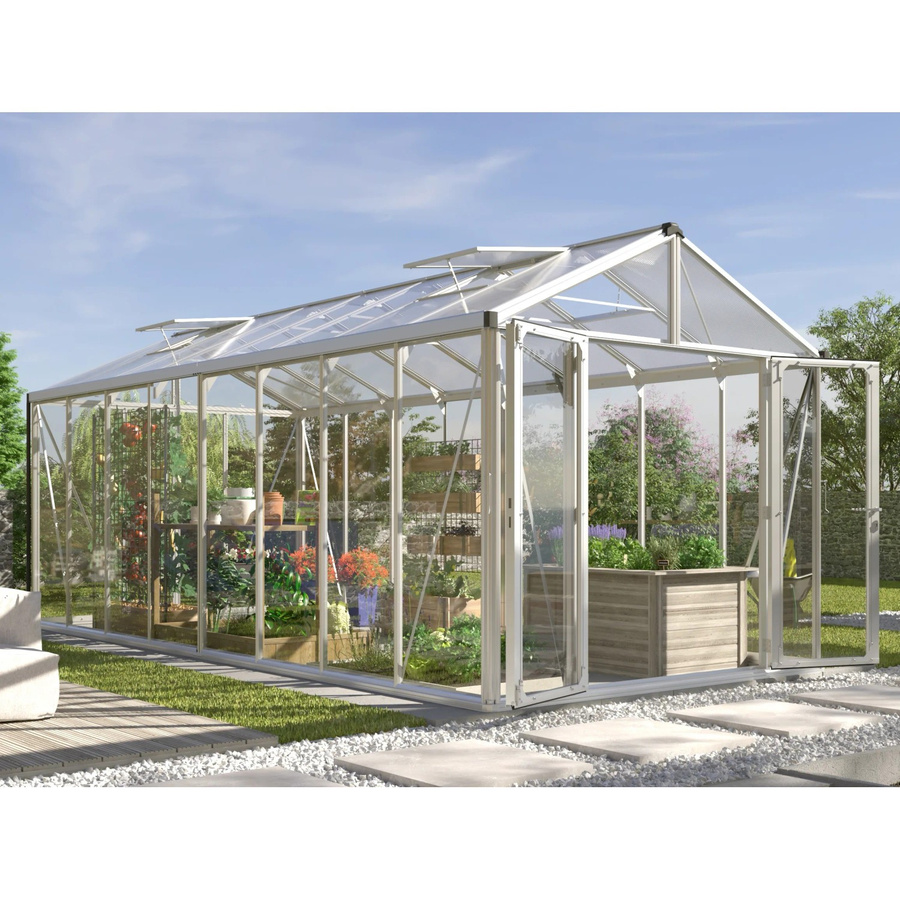 Vitavia Gewächshaus Zeus Comfort 15700 mit Satteldach, Farbe: Silber, Aluminium eloxiert, Fläche: 15,7 m², mit 3 mm ESG-Glas und 10 mm Polycarbonat-Verglasung sowie Doppelschwingtür - Bild 3