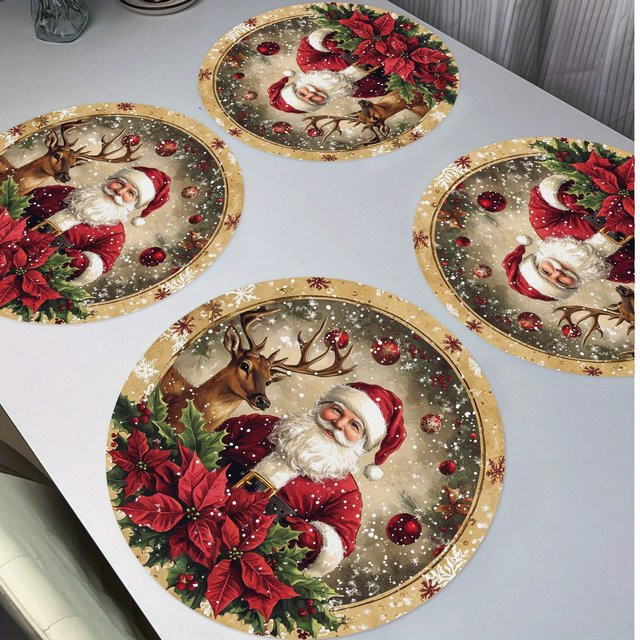 VIKAMA 4-teiliges Weihnachtsmann und Rentier Tischset aus Leinen mit Goldrand in Multicolour - Bild 1