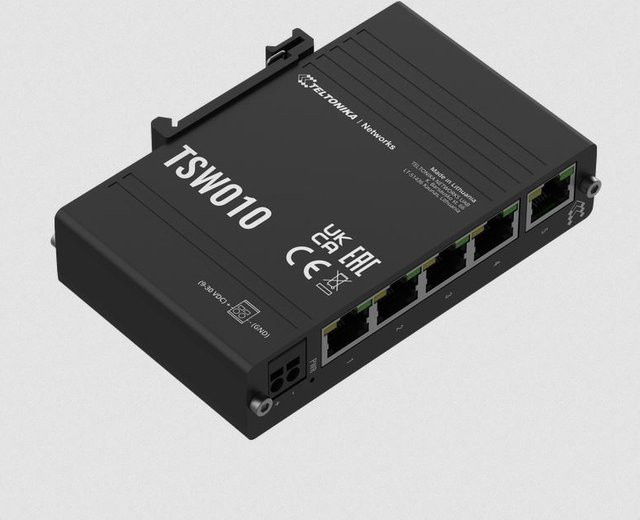 Teltonika TSW010 Switch mit 5 Ethernet-Ports, 100 Mbit/s, Passives PoE und DIN-Schienen-Montage, Schwarz - Bild 2