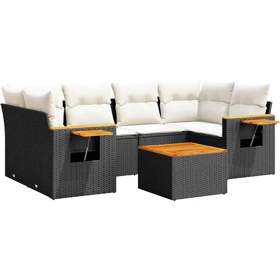 vidaXL 7-teilige Garten-Sofagarnitur in L-Form aus Polyrattan und Akazienholz mit Kissen in Schwarz-Creme - Bild 2