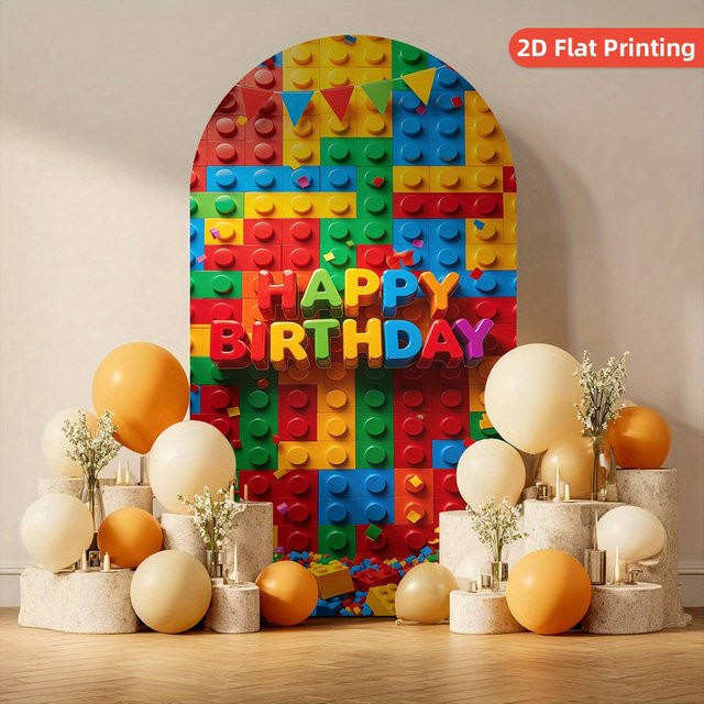 VIKAMA Party-Hintergrundstoff mit buntem Bausteine-Torbogen-Design für Geburtstag, Taufe und Neugeborene, Farbe: Mehrfarbig - Bild 1