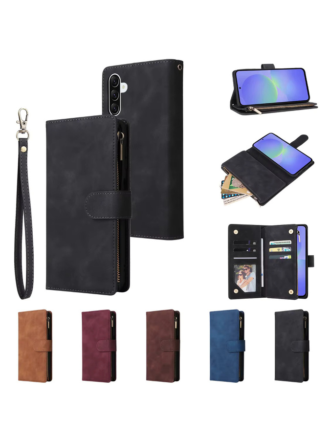 Magnetische Lederhülle mit Brieftaschenfunktion und Reißverschluss für Samsung Galaxy A27 A37 A57 in Schwarz - Bild 3