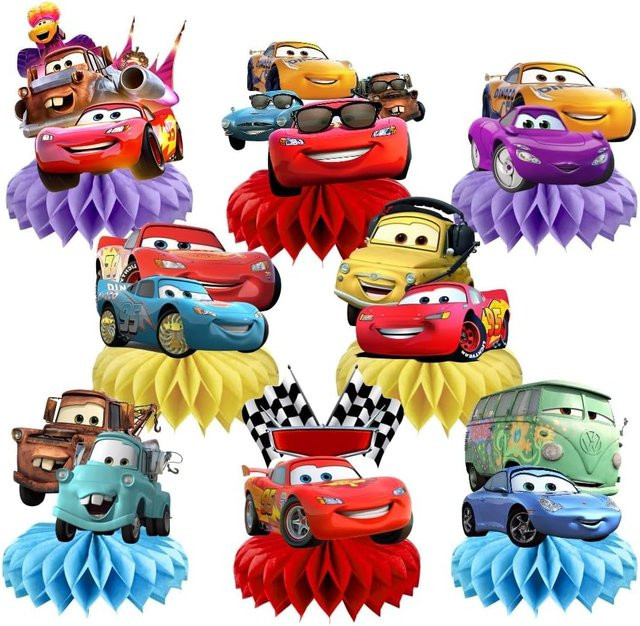 8-teiliges Set Rennwagen Tischdekoration aus Papier mit Cartoon-Figuren in Rot und Multicolour - Bild 1