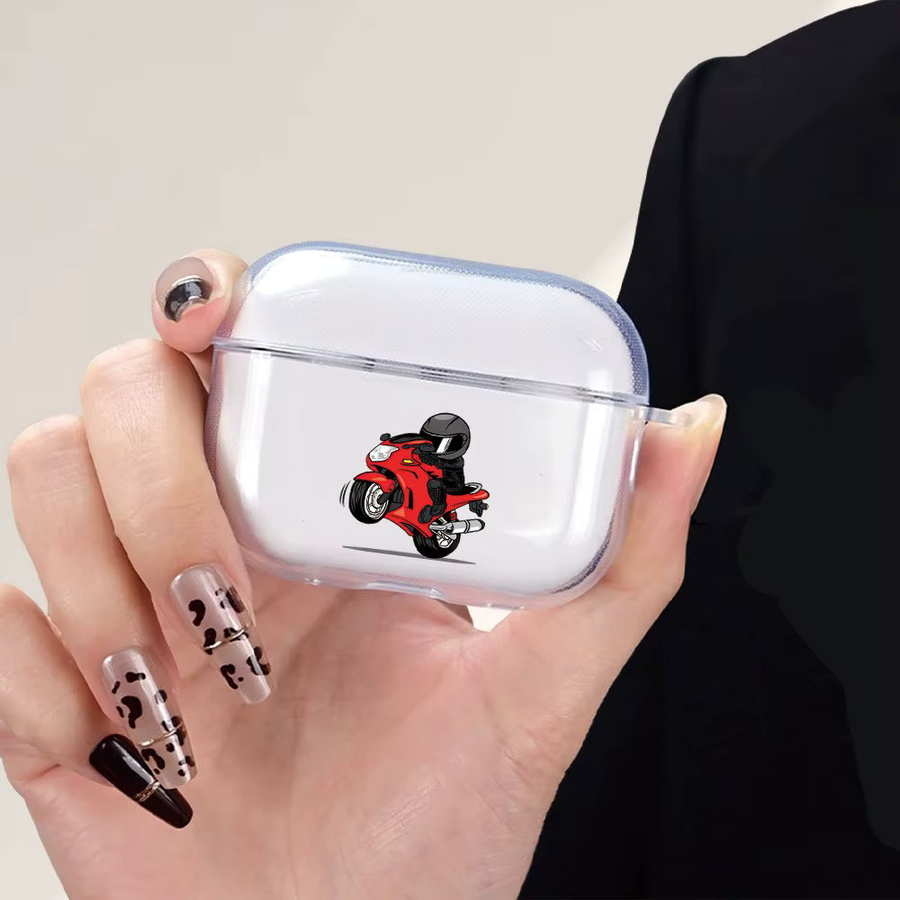 Stoßfeste Kopfhörerhülle mit Cartoon-Motorradfahrer-Design für AirPods Pro 1 2 3 und AirPods 4 3 2 in Transparent - Bild 2