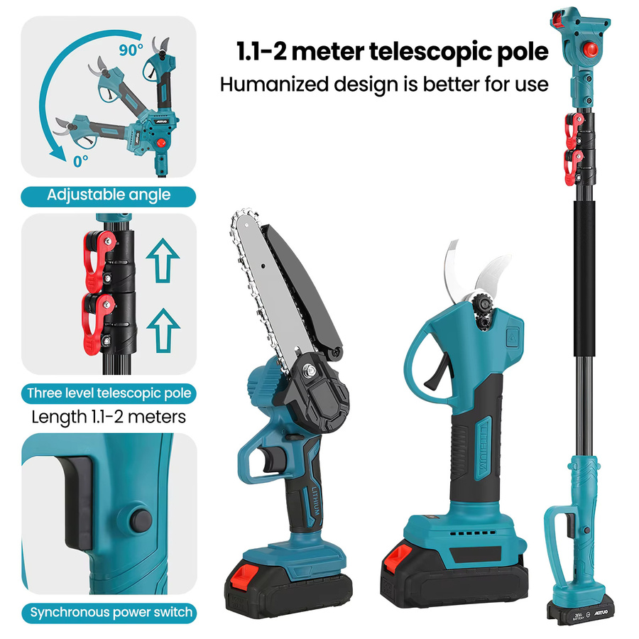 3-in-1 Akku-Hochastschere mit 2m Verlängerungsstange und 6 Zoll Kettensäge als Gartentrimmer für Makita 18V LXT Akkus - Bild 2
