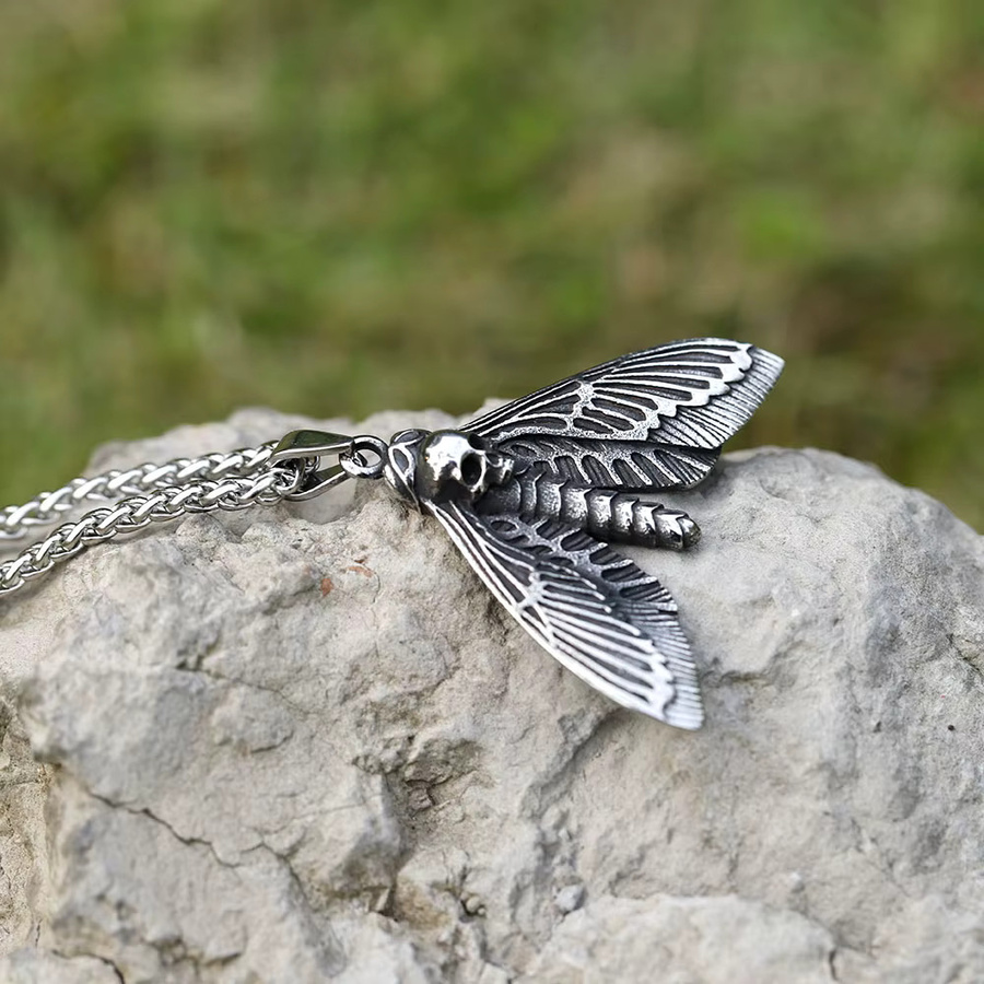 Halskette Edelstahl, Totenkopf, Schmetterling, Motte, Herren, Silber - Bild 2