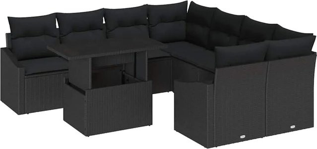 vidaXL 9-teilige Garten-Sofagarnitur aus Poly Rattan mit Kissen in Schwarz - Bild 1