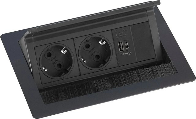 EVOline Flip Top Push S Einbausteckdose Schwarz mit 2-fach Steckdose, USB-A und USB-C - Bild 1