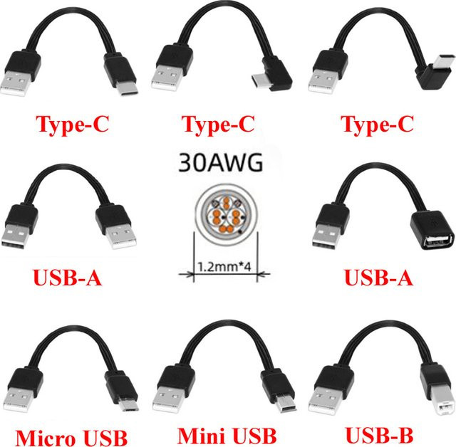 USB-A auf USB-C, Micro-USB und USB-A 2.0 Datenkabel in Schwarz, flaches und kurzes Silikonkabel, Länge: 0,1 m - Bild 1