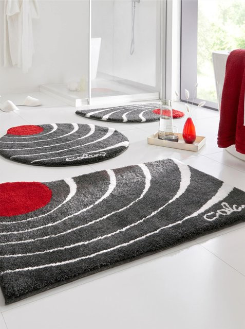 Badematte COLANI Design in Anthrazit und Rot mit grafischem Muster, schnelltrocknend, rutschfest und fußbodenheizungstauglich, 100% Polyacryl - Bild 1